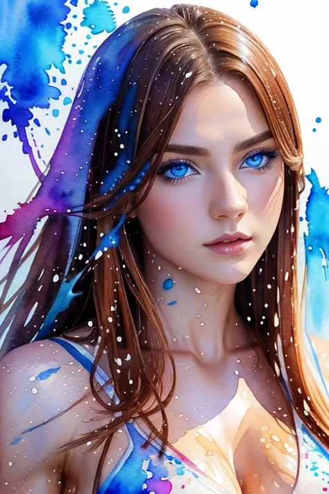 Beautiful woman、Eastern European Women、Chestnut Hair、Fantasy muscle、Blue Eyes、Upper Body、White background、Surreal、Fantasy portrayal、(((Watercolor splash)))、Vivid colors、Dramatic lighting