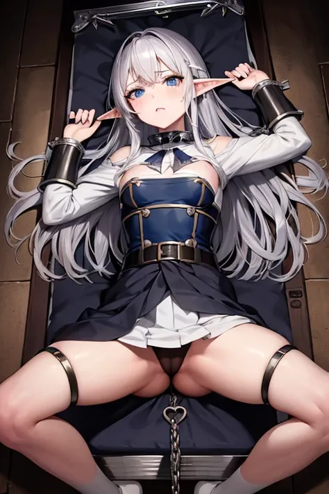 Elf, Silver Hair, In the torture chamber, Lying on an iron bed and crucified, school uniform, Open your mouth, Raise your hands,  Crying face, Small breasts, A large iron collar with spikes and handcuffs, Spread your legs