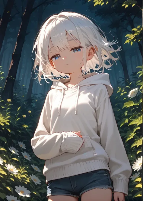 score 9, score 8 up, score 7 up, , young girl, grassland, detailed background, night, forest
white hair, blue eyes, half-closed ...