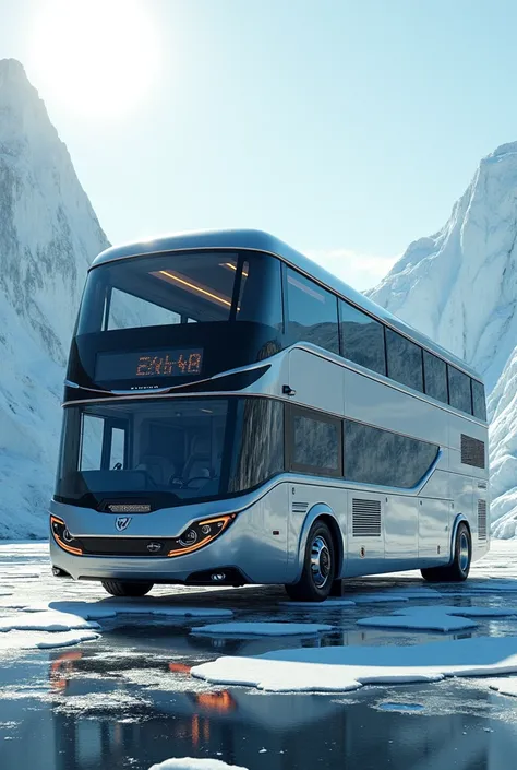 Large double-decker car (English bus type) with ice banks and made of metal (to be powered by solar energy)