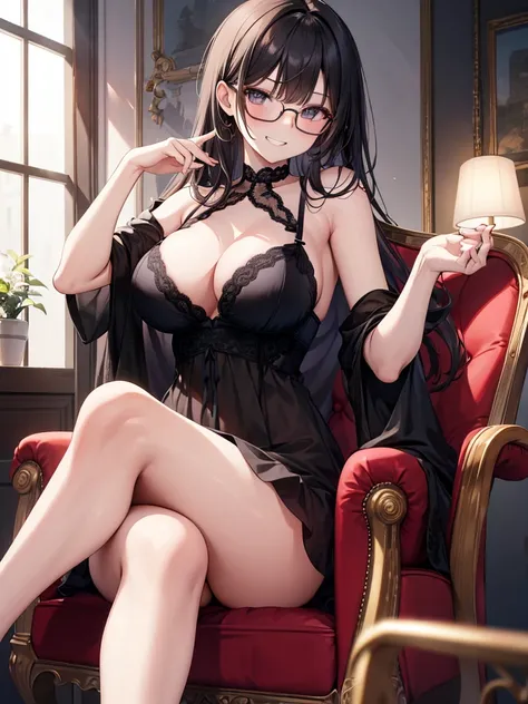 A woman in underwear sitting on a chair with her legs crossed、Attach cheek cane、(Grin)、Lingerie、Glasses、Watching the audience、Big Breasts、Bossy attitude、rest one&#39;s elbow on the armrest、Put your fist on your cheek、Place your hands on the armrest、