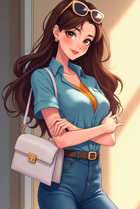 A 36-year-old beautiful anime lady who is rich, her brown hair shines in the light, her lips are like a beautiful smile, her cheeks are a little pink, she wears denim jeans and a sky blue top with a mango colored short sleeve shirt. A precious white bag in...