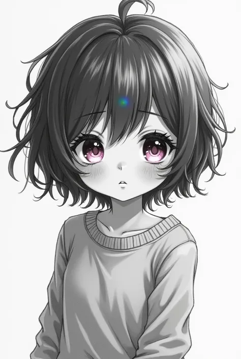 chibi, monochrome pencil drawing, self-portrait, cute girl, short messy hair, shy, pink eyes, (attractive and seductive) and (amorous and lewd) expression, shading, shadows, contrast, conceptual installation art, 2.5D, delicate and dynamic effects, iridesc...