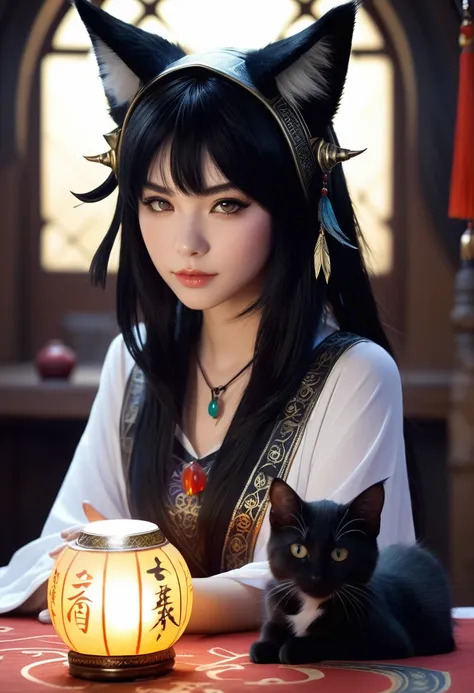 Monster Girl, Cat ear,20th Generation, fortune teller,Realistic Women, Black Hair,cute,spiritual