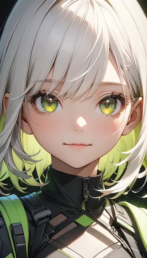 mksks style, 1girl, cute, surrounded by green lighting, gold eyes, white hair, black background, closeup, no smile, masterpiece, ultra detailed