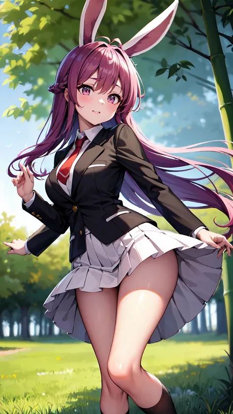 （（super high quality,Ultra-high resolution,16K,super masterpiece,Ultra HD,Ultra high definition,））One high school girl,Rabbit ears,Very long straight purple hair,Slender body,Black blazer,White dress shirt,Red tie,Pink mini skirt,White socks,Bamboo forest ...