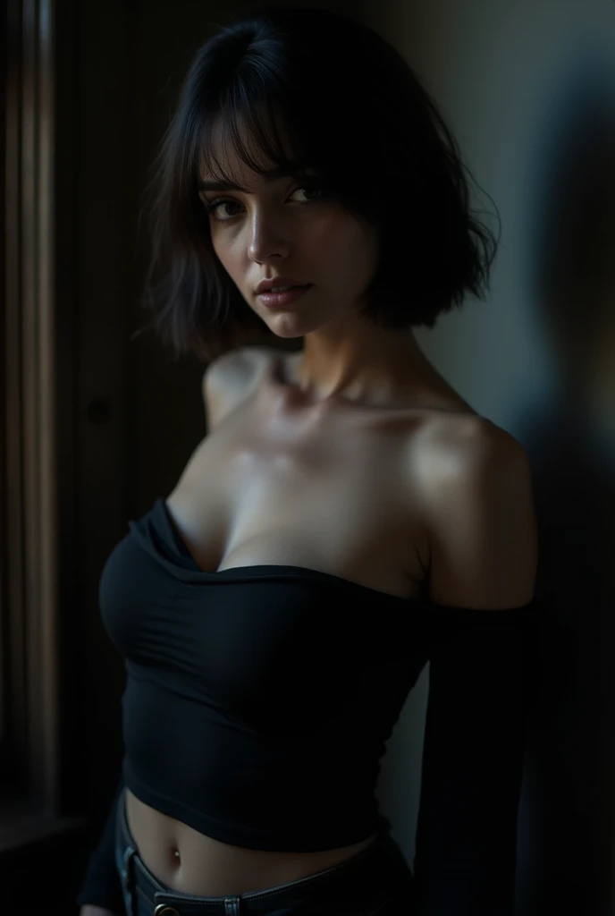 best quality, masterpiece, ultra high resolution, (lifelike:1.5), original photo, 1 girl, Off the shoulders, in the darkness, deep shadow, low profile, cold light, sexy look, short hair, big breasts