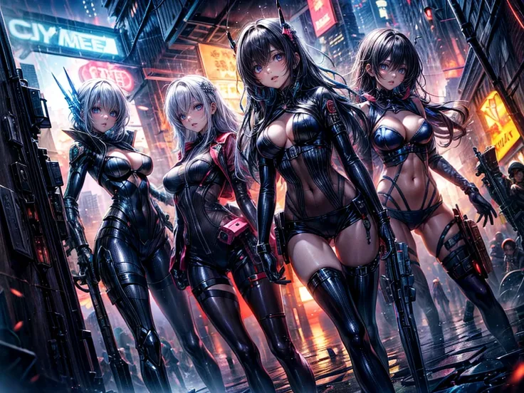 High resolution, Winner of numerous awards, Ultra high definition, Textured skin, Retina, 
masterpiece,(bestquality),highlydetailed,ultra-detailed,4girl, （Four gangster girls posing with weapons.:1.4）(gangsta paradise:1.2)（robot）(cybercitylandscape:1.2,nat...