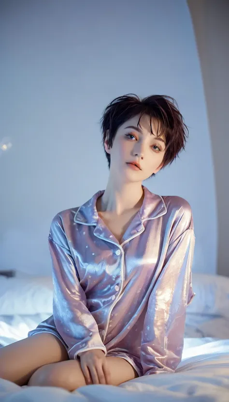 Top quality, masterpiece, high resolution, 8K, (Reality:1.4), whole body,  (Oversized transparent pajamas.:1.1), spaceship, Bed with down duvet, Dim Lights, Beautiful woman, Skinny, Small Breasts, Asymmetrical Pixie Hairstyle, Delicate face, Shy expression...