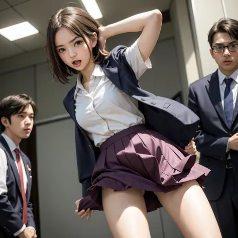 Beautiful and pure junior high school girl, Perfect Face, Screaming with her mouth open in shame at being seen, The viewers stare at her in surprise and embarrassment., Attracting the attention of the audience, Close-up inside the skirt, Changing into scho...