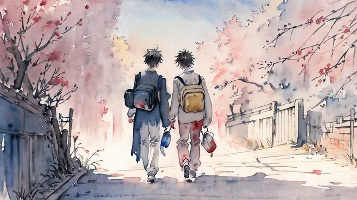 (watercolor:1.2), watercolor, High school boys, 2 people, On the way to school, Walking、profile,、Painting (Moderate),mechanical、neighbor.、friend、OK、friend、A good friend、Fun conversation