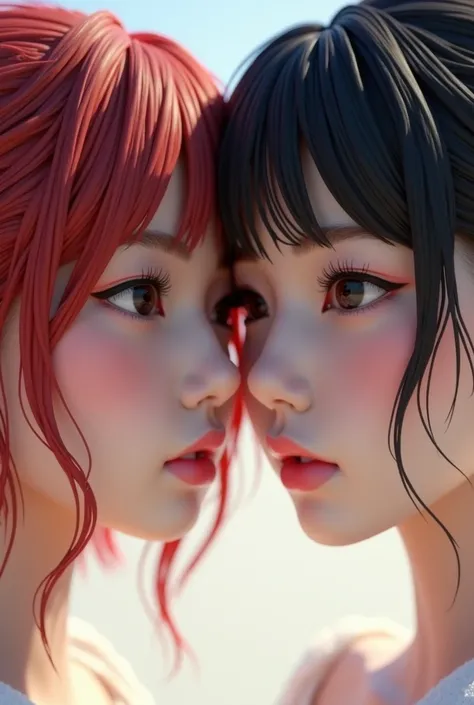 ((hyper detailed)) realistic, 1 female, female face, with red and black hair color, cute and beautiful, focus detailed eyes, lips and nose, short hair, tied, very korean look, ((2 female)),((rendered in blender)), show only head and neck, ((floating, 3d Wo...