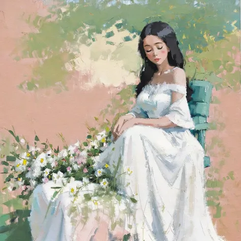 A painting of a Black woman reclining in a chair against a green wall, wearing a white outfit. The woman appears relaxed, with her eyes closed and one arm resting on her chest. A framed picture of a Madonna-like figure holding flowers hangs on the wall bes...