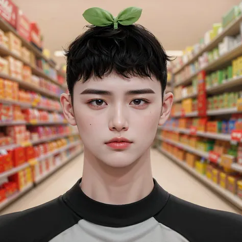 8k resolution, thick brows, pores, realistic, glossy skin, no lashes, high quality, high display, Korean Boy, smooth hair, grocery