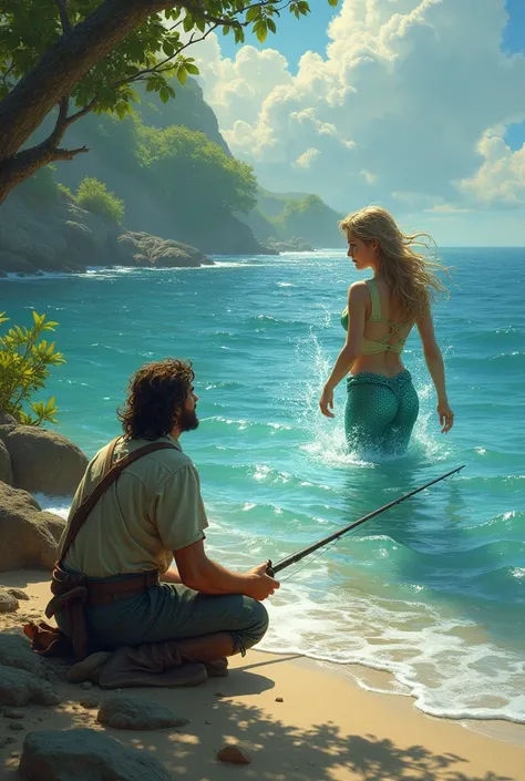 create an illustration of a fisherman kneeling on the shore of a sea looking at a mermaid who is in the sea with only her head out of the water calling him to enter the sea with her