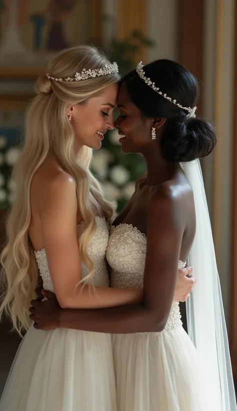 Wedding ceremony, wedding chapel, two women in wedding dresses kissing, A woman with dark skin and short black hair and a woman with long straight blonde hair,Close-up of two women