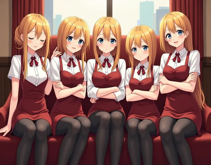 (best quality, masterpiece:1.5), (ultra-detailed, realistic:1.37),4K,(5girls:1.5),japanese,cute,beautiful,(suits:1.3),(hotel staff),(black pantyhose:1.2),gold hair,smile,sitting,arms crossed,,perfect hands,perfect fingers,perfect legs
