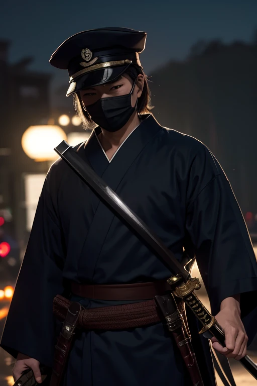 yukata,fullfacemask,mascared,military cap,holding sword,male,old,black mant