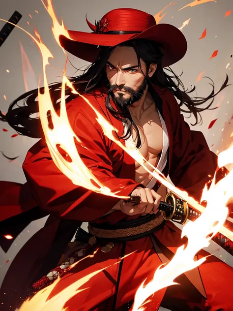 Male samurai with large straw hat , red outfit , red eyes, katana , fire , long hair , vagabond , beard 