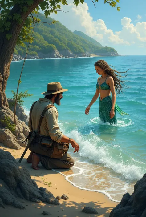 create an illustration of a fisherman kneeling on the shore of a sea looking at a mermaid who is in the sea with only her head out of the water calling him to enter the sea with her