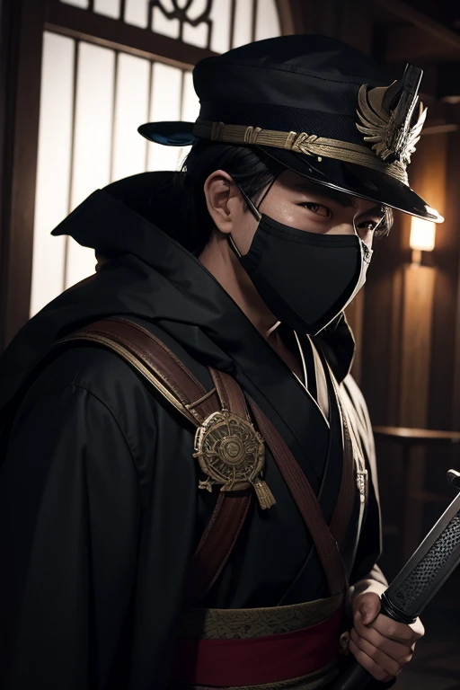 yukata,fullfacemask,mascared,military cap,holding sword,male,old,black mantle,cool