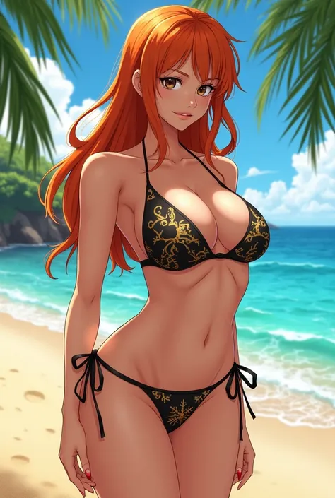 Create the character Nami in Odas One Piece story, hot, sexy on the beach, the character wears a swimsuit