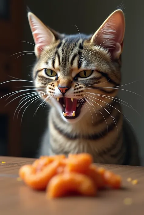 generate a realistic image of a cat making a disgusted face after smelling an object