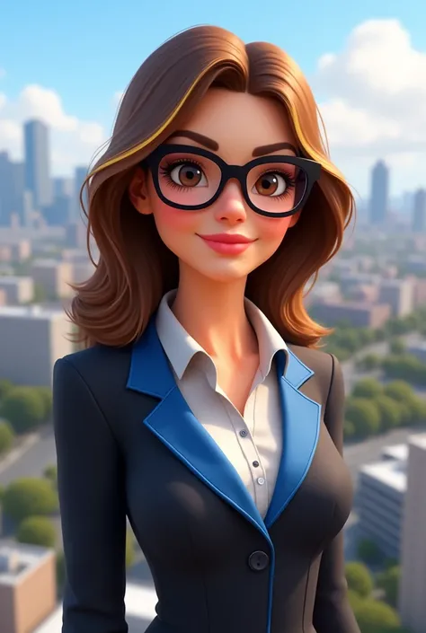 Woman, Pixar-style,with business attire with blue detail, brown hair with blonde highlights to the shoulder, brown eyes with black cat eye glasses ,Fundo Com predios .