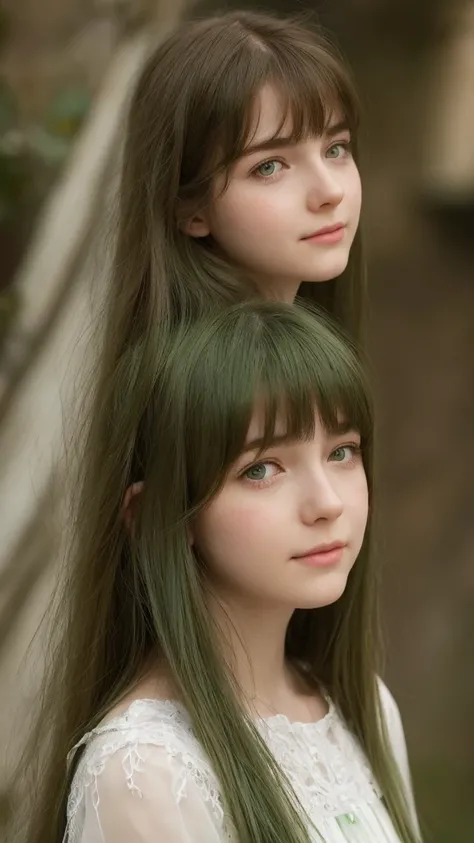 a girl. European. Extremely detailed face. Oval face. Delicate facial features. Half-closed eyes. gentle. Long straight hair. Messy hair. Bangs. Green hair. Green eyes. Pensive. Melancholic. Ethereal. Innocent. smile