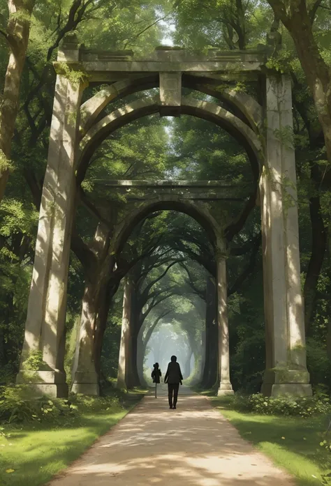 Create an image representing the concept of perseverance. The scene features a serene pathway winding through a dense, green forest. The pathway is lined with tall, ancient trees that arch over, creating a natural tunnel. Along the path, small milestones o...