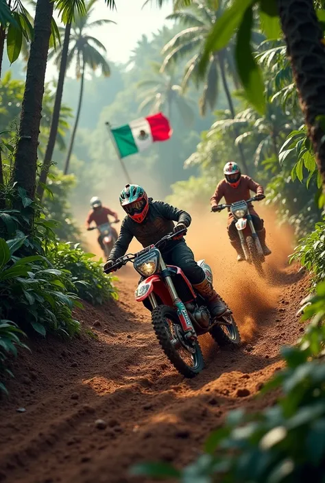 Motocross race in the jungle, Mexican flag background