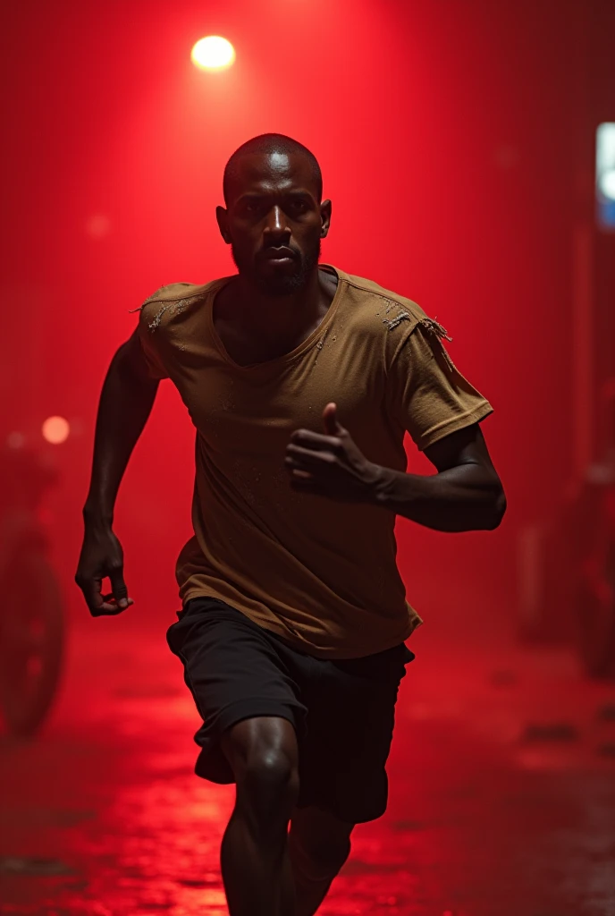 Real f black man((realistic)), He wear broken T-shirt ((high detail)), he is running ((masterpiece)), using a dynamic camera angle and dynamic pose, his atmosphere is a red tone