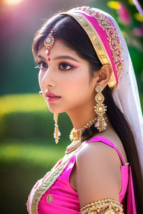 a teenager Indian girl, , in a traditional indian wedding dress,detailed face with heavy makeup, bright pink lips, smkoey eyeshadow, long eyelashes, long hair with bangs, facing forward,upper body shot, center of screen, highly detailed, photorealistic, vi...