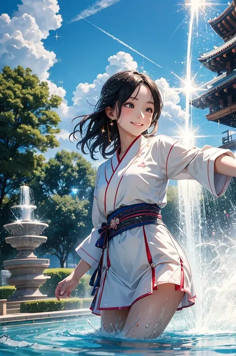 anime style, super fine illustration, highly detailed, dynamic angle, beautiful detailed, 8k, Japanese clothing young girl, about , playing in a fountain with their clothes on, on a summer afternoon; the Japanese clothing young girl, about , are smiling an...