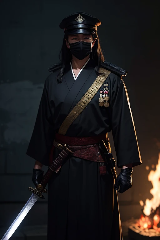 yukata,mascared mask,military cap,holding sword,male,old,black mantle,cool,black google,