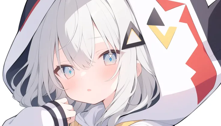 Thin gray hair　Red light in blue eyes　Widely opened eyes　looking at the camera　White hoodie　Blue and black line pattern　Diamond-shaped hair ornament　A yellow triangle on the bottom of the hair accessory　Black triangle on the hood２t　２０age