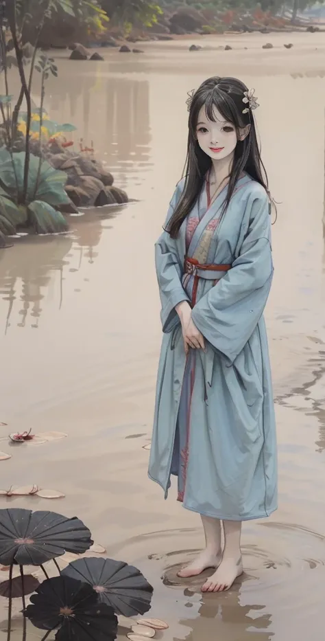 ((4k,masterpiece,best quality)), shuimobysim, traditional chinese ink painting, lotus, hanfu, maxiskit, dress conservatively 1girl, solo, long blue hair, smile, standing, feet in the water, barefoot,