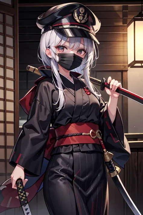 yukata,mascared mask,military cap,holding sword,female,old,black mantle,cool,