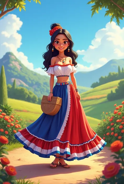 Pixar Disney style drawing of the typical Paraguayan costume, tricolor skirt, red, White and blue 