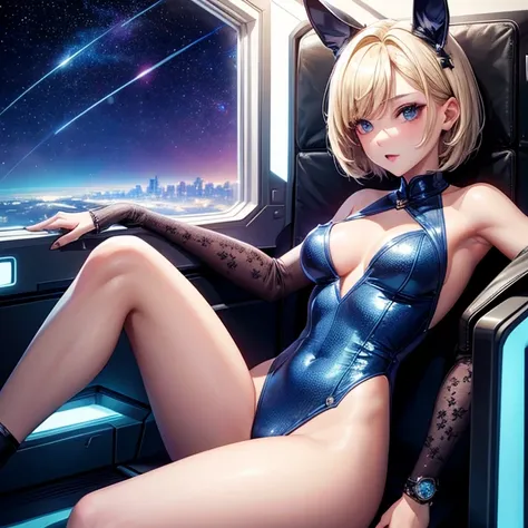 A young sexy woman with short hair and blonde hair in sexy clothes sits in a spaceship seat、A beautiful starry sky can be seen from the window.。Bunny girl