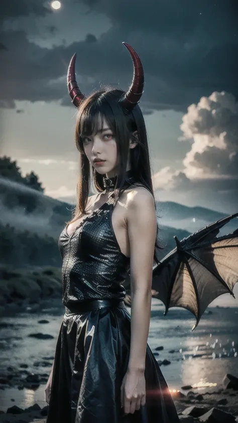 masterpiece, (best quality:1.2), [:intricate details:0.2], demon girl, skirt, (red eyes:1.3), demon horns, demon wings, demon tail, enchanting gaze, captivating pose, otherworldly charm, mystical sky, moonlit night, cloud,