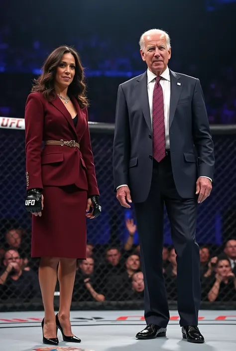 Create a UFC fight between Kamala Harris and Joe Biden together against Donald Trump 