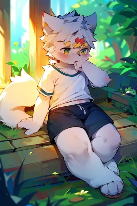 Cute little golden wolf fox，Big Tail，White T-shirt，Black shorts，slippers，blush，瑟瑟。