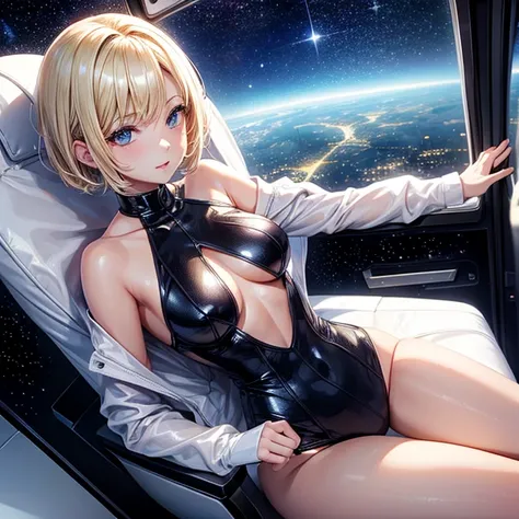 A young sexy woman with short hair and blonde hair in sexy clothes sits in a spaceship seat、A beautiful starry sky can be seen from the window.。Bunny girl