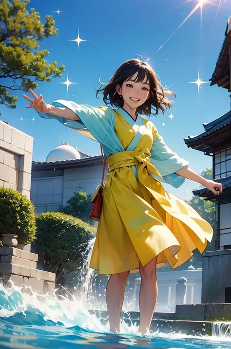 anime style, super fine illustration, highly detailed, dynamic angle, beautiful detailed, 8k, Japanese clothing young girl, about , playing in a fountain with their clothes on, on a summer afternoon; the Japanese clothing young girl, about , are smiling an...