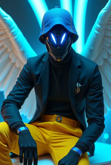 I want a male character with a blue cap, black mask, blue lights coming out of his eyes, black turtleneck shirt, yellow angelic pants, blue and black shoes.
