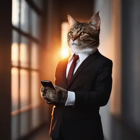 beautiful cat in business suit, standing in a dark hall filled with sunset light, holds smartphone in cat paw