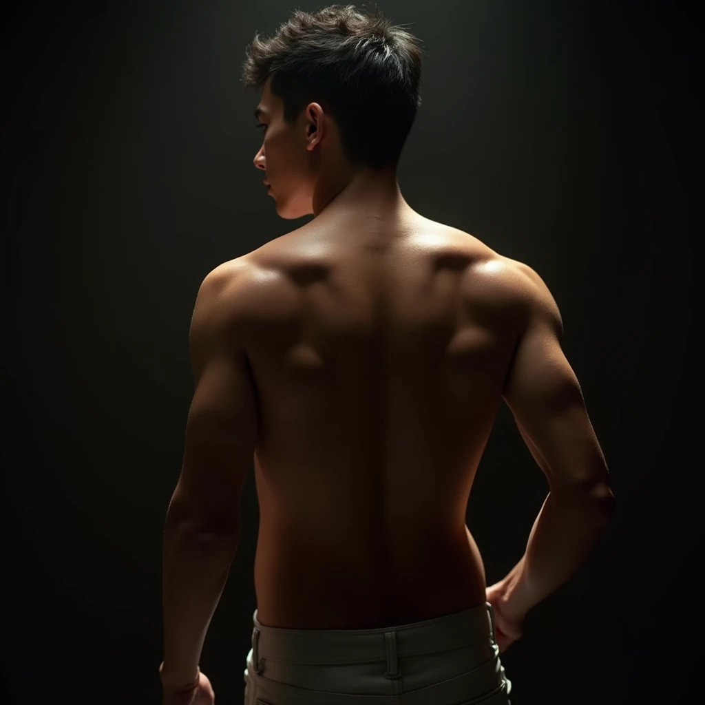 a handsome Asian man, , wet, standing on his back showing his ass, dramatic lighting, hyper-realistic, 8k, high quality, intricate details, cinematic composition, glowing skin, dramatic atmosphere, moody lighting