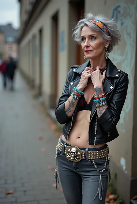 russian old milf woman, grey hair (middle part) and wide colourful bandana as headband, with very light blue eyes, extremely pale. Wearing studded cropped black moto jacket with lots of zippers and pins, black and red lace push up bra , dark skinny blue je...