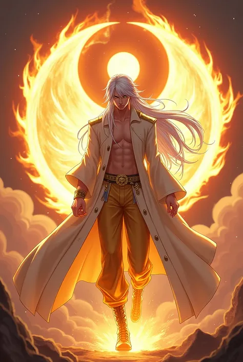 Maxim from free fire anime with white hair and golden angelic pants and fire Ying yang
